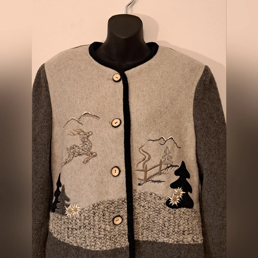 Vintage Meico Landhaus Grey Wool Embriodered Applique Jacket Misses Size 10 - Picture 8 of 10